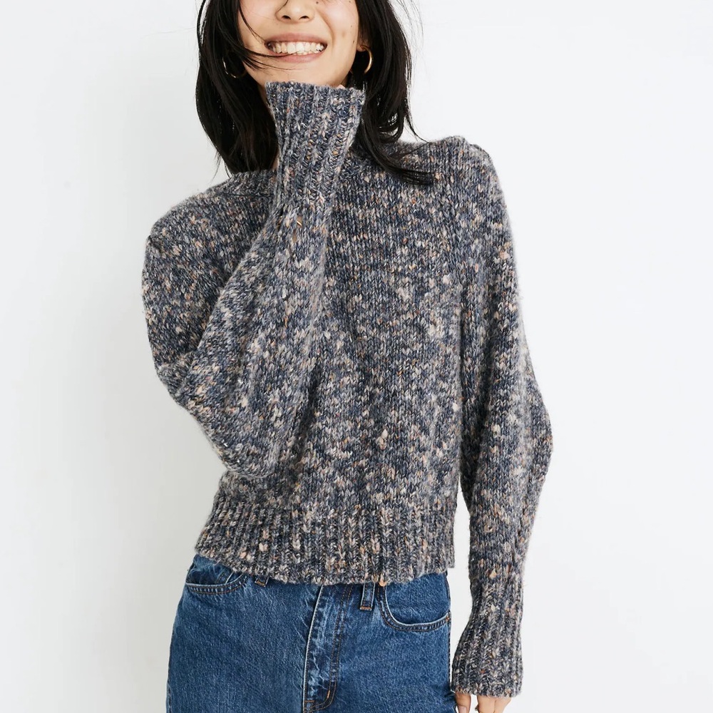 Madewell Pleat Shoulder Marled Indigo Blue Long Sleeve Sweater Women Size Small
